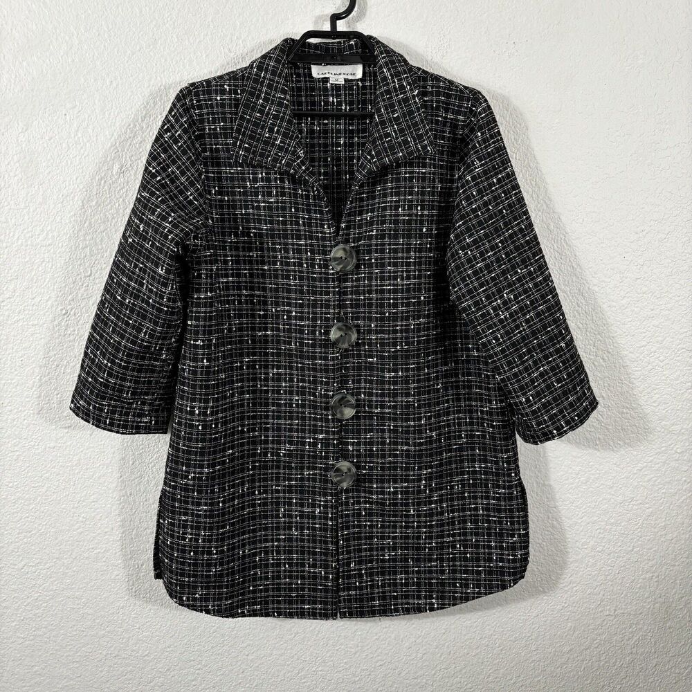 Caroline Rose Jacket Womens Size M Tweed Black Polyester 3/4 Sleeve 4 Button